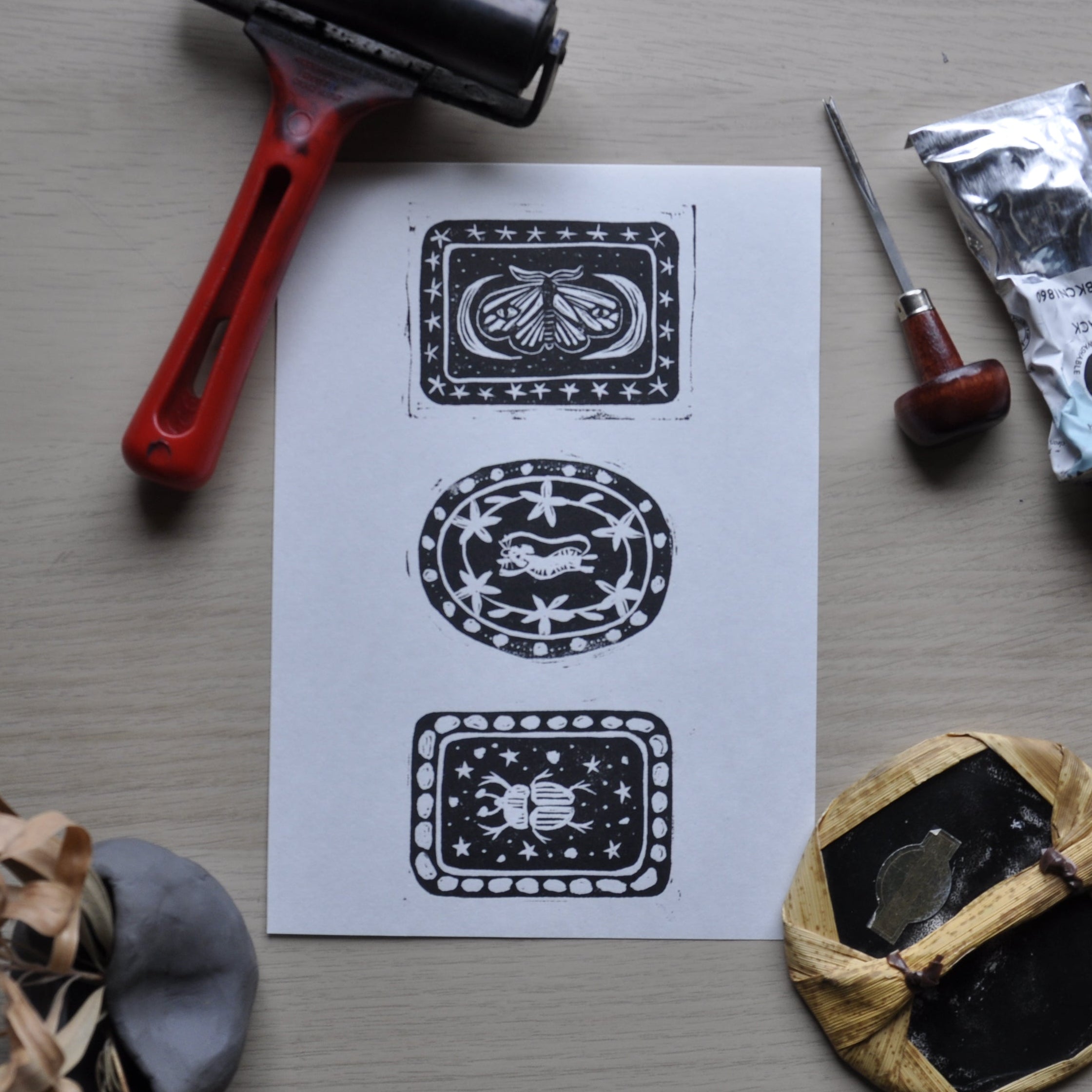 Critters in Patches Linoprint