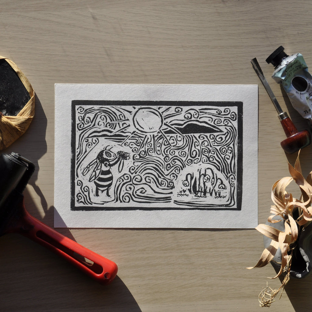 Hungry Bumble Bee Linoprint