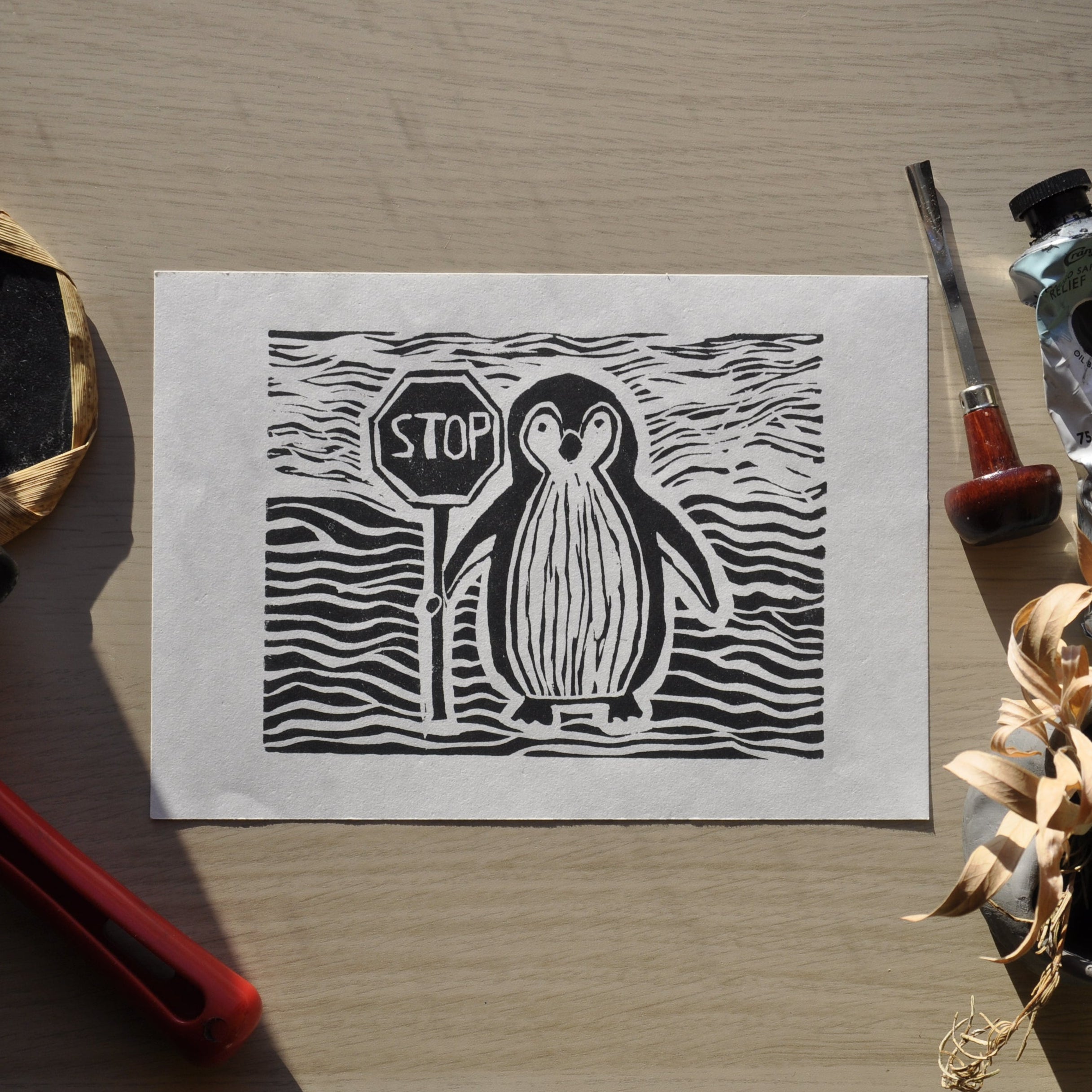 Penguin says stop Linoprint