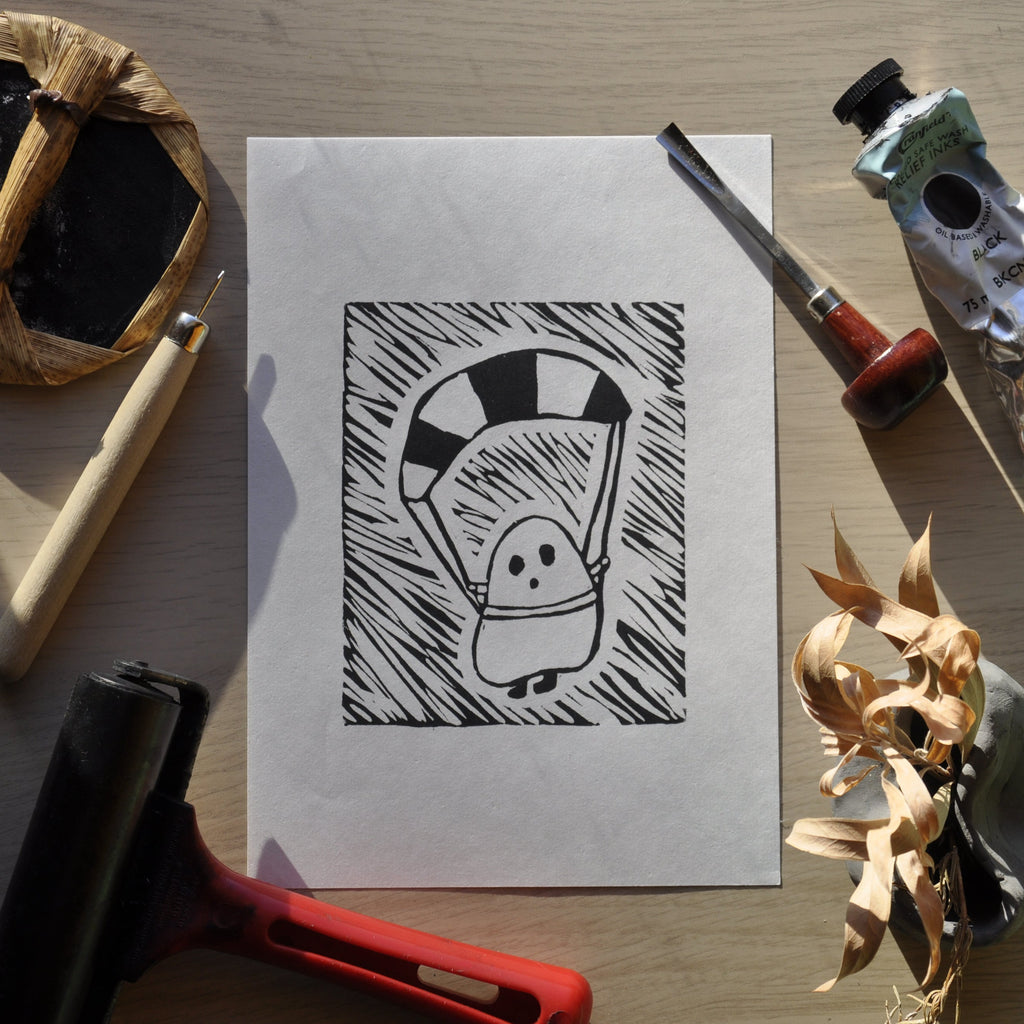 Ghostly Parachuting Linoprint