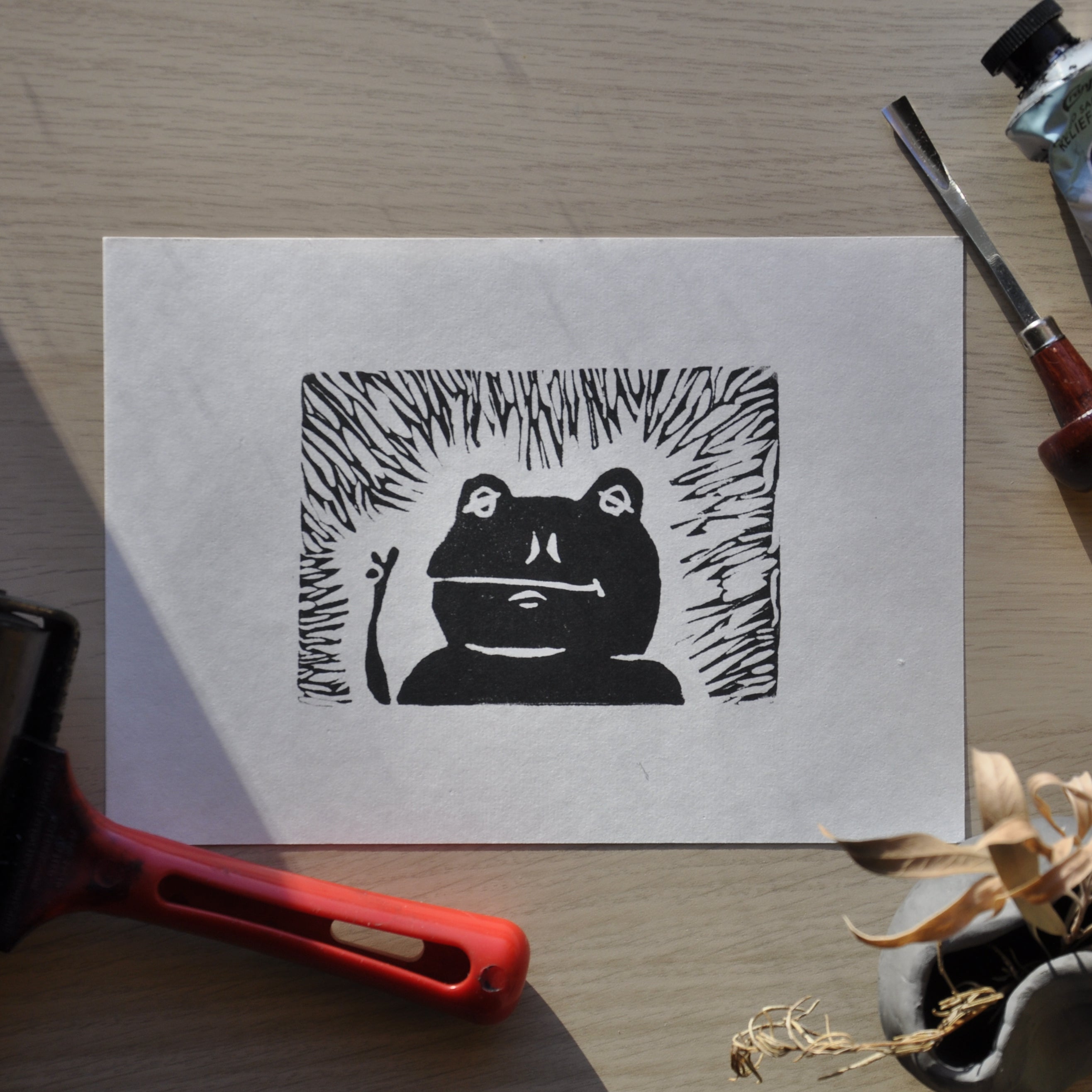 Froggo peace sign Linoprint