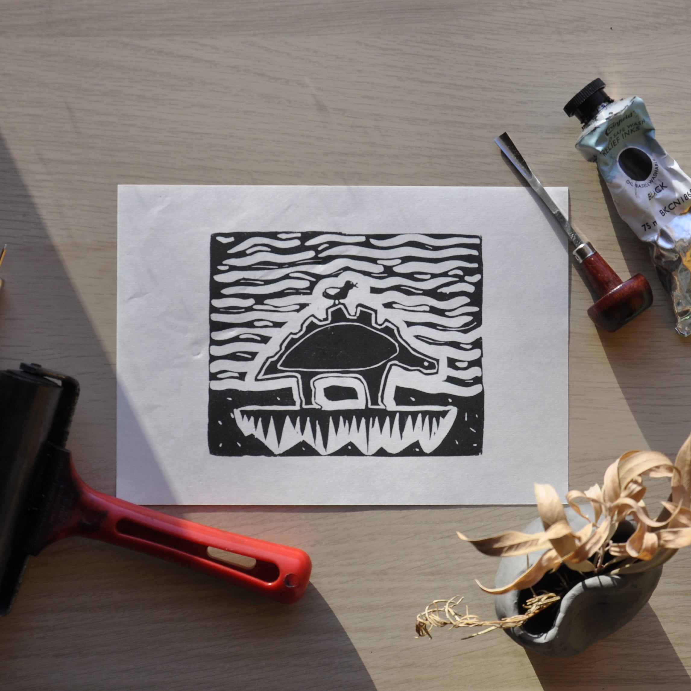 Dino And Friend Linoprint