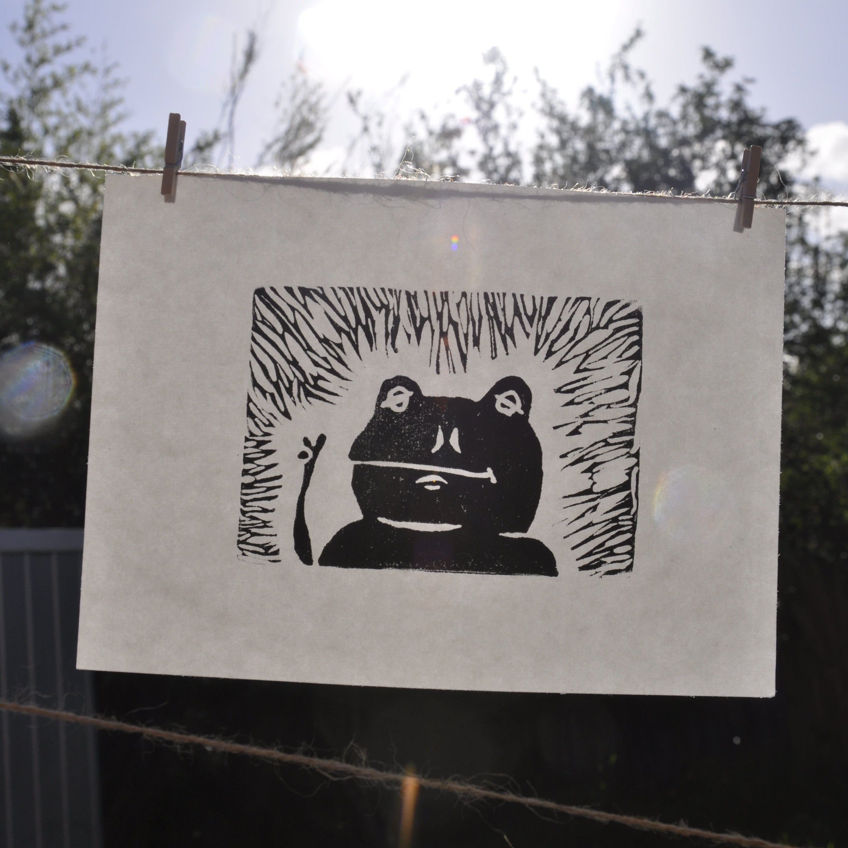 Froggo peace sign Linoprint