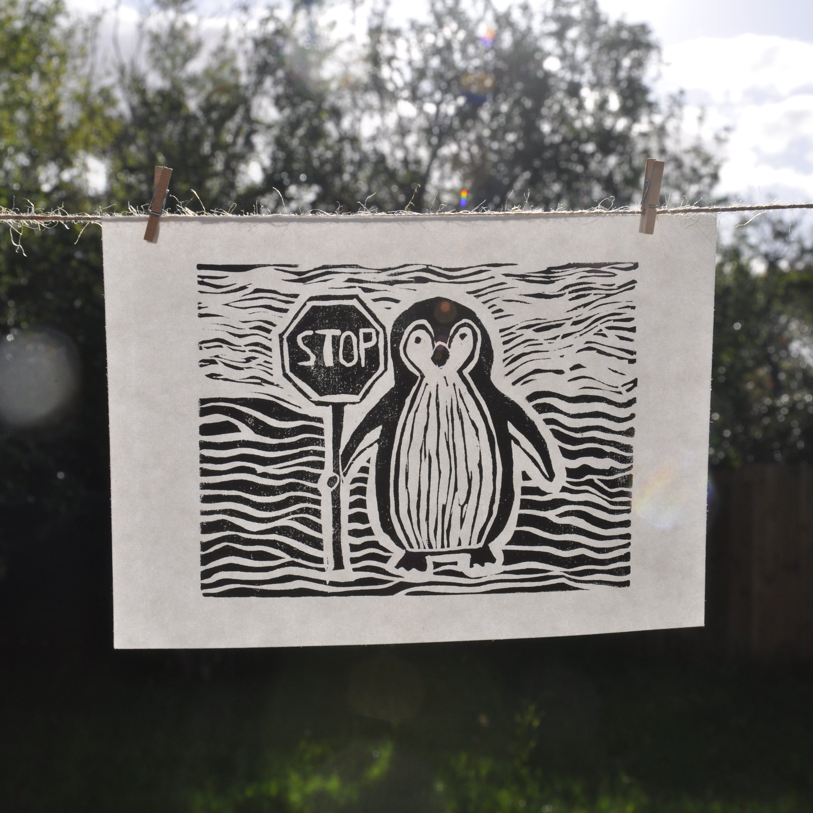 Penguin says stop Linoprint